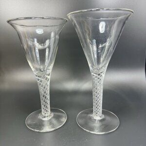 Antique Clear Hand Blown Air Twist Wine Glass Goblet Glasses Cups Set 2‎ Flutes